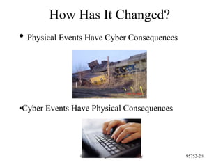 © 2006 Carnegie Mellon University 95752-2:8
How Has It Changed?
• Physical Events Have Cyber Consequences
•Cyber Events Have Physical Consequences
 