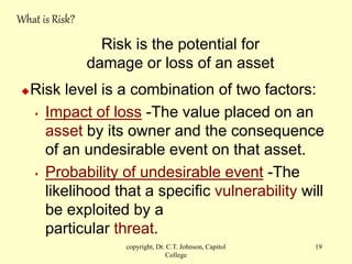 copyright, Dr. C.T. Johnson, Capitol
College
19
What is Risk?
Risk level is a combination of two factors:
 Impact of loss -The value placed on an
asset by its owner and the consequence
of an undesirable event on that asset.
 Probability of undesirable event -The
likelihood that a specific vulnerability will
be exploited by a
particular threat.
Risk is the potential for
damage or loss of an asset
 