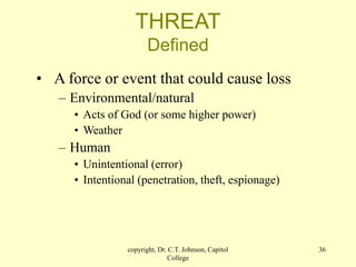 copyright, Dr. C.T. Johnson, Capitol
College
36
THREAT
Defined
• A force or event that could cause loss
– Environmental/natural
• Acts of God (or some higher power)
• Weather
– Human
• Unintentional (error)
• Intentional (penetration, theft, espionage)
 