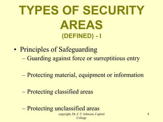 copyright, Dr. C.T. Johnson, Capitol
College
8
TYPES OF SECURITY
AREAS
(DEFINED) - I
• Principles of Safeguarding
– Guarding against force or surreptitious entry
– Protecting material, equipment or information
– Protecting classified areas
– Protecting unclassified areas
 