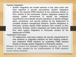 •System Integration:
• System integrators are trusted advisors in this value chain who
have expertise in security sub-systems. System integrators
delivers the required PSIM solutions to the customers directly or
from vendors to the businesses. System integrators analyze the
existing system environment to identify the integration
requirements and evaluate security operations to identify strategic
plans, procedures, and security policies for the deployment of
complete situation management solutions. System integrators or
third-party vendors deploy PSIM solutions from vendors to their
customers. Similarly, system integrators can further take solutions
from other system integrators or third-party vendors for the
deployment of PSIM.
•Application/ End-users:
• For deployment, end-users analyze the security requirements for
new solutions or integrated solutions for their existing systems,
and implement PSIM solutions by contacting PSIM vendors
directly or through system integrators or third-party vendors
Between the forward and backward integration scenarios, the forward
scenario is often adopted for the implementation of PSIM solutions
across various industries.
 