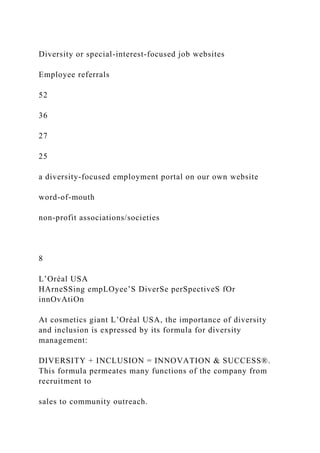 Diversity or special-interest-focused job websites
Employee referrals
52
36
27
25
a diversity-focused employment portal on our own website
word-of-mouth
non-profit associations/societies
8
L’Oréal USA
HArneSSing empLOyee’S DiverSe perSpectiveS fOr
innOvAtiOn
At cosmetics giant L’Oréal USA, the importance of diversity
and inclusion is expressed by its formula for diversity
management:
DIVERSITY + INCLUSION = INNOVATION & SUCCESS®.
This formula permeates many functions of the company from
recruitment to
sales to community outreach.
 