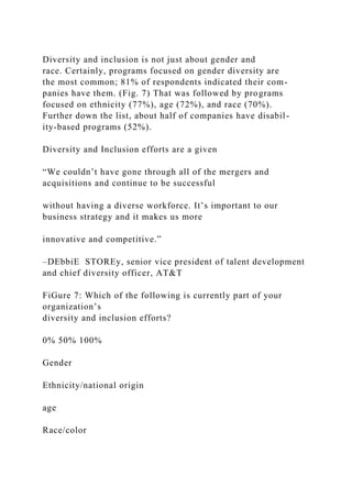 Diversity and inclusion is not just about gender and
race. Certainly, programs focused on gender diversity are
the most common; 81% of respondents indicated their com-
panies have them. (Fig. 7) That was followed by programs
focused on ethnicity (77%), age (72%), and race (70%).
Further down the list, about half of companies have disabil-
ity-based programs (52%).
Diversity and Inclusion efforts are a given
“We couldn’t have gone through all of the mergers and
acquisitions and continue to be successful
without having a diverse workforce. It’s important to our
business strategy and it makes us more
innovative and competitive.”
–DEbbiE STOREy, senior vice president of talent development
and chief diversity officer, AT&T
FiGure 7: Which of the following is currently part of your
organization’s
diversity and inclusion efforts?
0% 50% 100%
Gender
Ethnicity/national origin
age
Race/color
 
