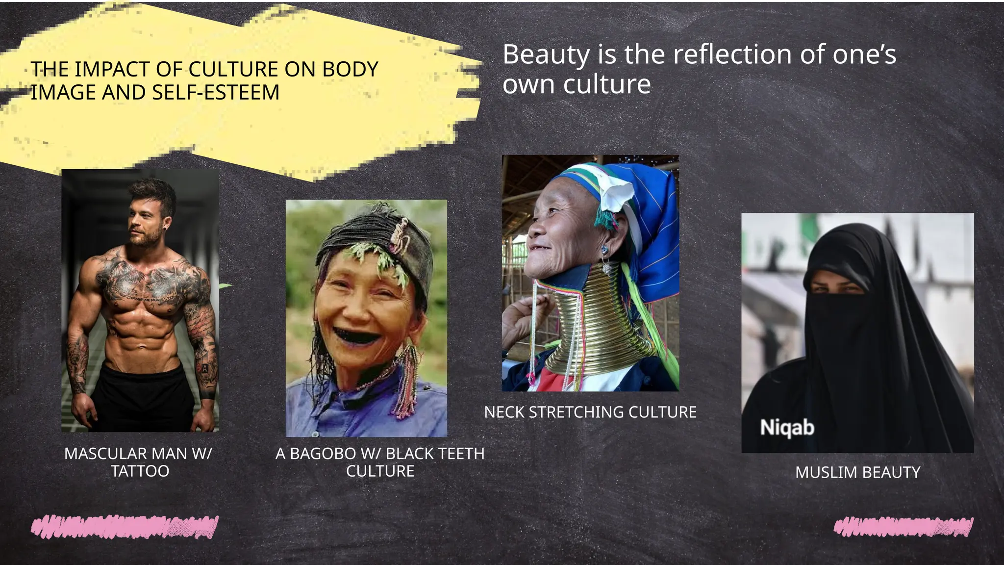 Beauty is the reflection of one’s
own culture
NECK STRETCHING CULTURE
THE IMPACT OF CULTURE ON BODY
IMAGE AND SELF-ESTEEM
MUSLIM BEAUTY
A BAGOBO W/ BLACK TEETH
CULTURE
MASCULAR MAN W/
TATTOO
 