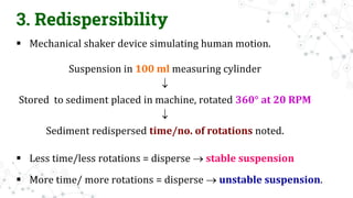 3. Redispersibility
 Mechanical shaker device simulating human motion.
Suspension in 100 ml measuring cylinder

Stored to sediment placed in machine, rotated 360° at 20 RPM

Sediment redispersed time/no. of rotations noted.
 Less time/less rotations = disperse  stable suspension
 More time/ more rotations = disperse  unstable suspension.
 