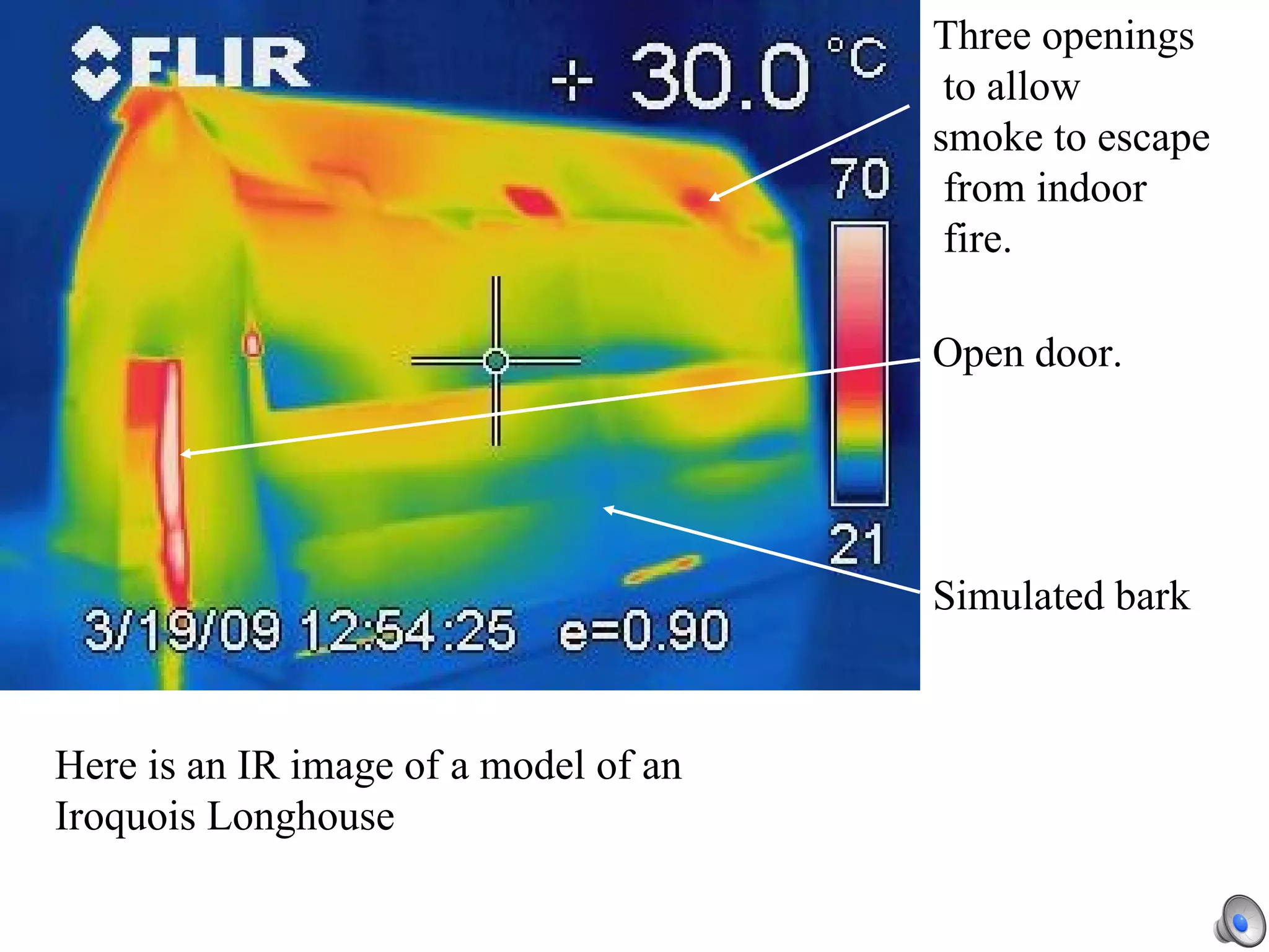 Three openings to allow smoke to escape from indoor fire. Open door. Simulated bark Here is an IR image of a model of an Iroquois Longhouse 