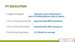 PPTT EEDDUUCCAATTIIOONN 
▪ Length of Program Typically 3 years following 3-4 
years of undergraduate study or degree 
▪ Time in Classroom and Lab Approximately 80% of program 
▪ Time in Clinical Education Approximately 20% of program 
▪ Final Clinical Experience 27.5 Weeks on average 
 