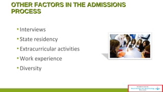 OOTTHHEERR FFAACCTTOORRSS IINN TTHHEE AADDMMIISSSSIIOONNSS 
PPRROOCCEESSSS 
▪ Interviews 
▪ State residency 
▪ Extracurricular activities 
▪Work experience 
▪Diversity 
 