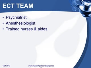 ECT TEAM
• Psychiatrist
• Anesthesiologist
• Trained nurses & aides
4/24/2013 www.drjayeshpatidar.blogspot.co
 