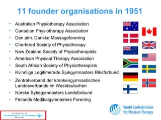 11 founder organisations in 1951
• Australian Physiotherapy Association
• Canadian Physiotherapy Association
• Den alm. Danske Massageforening
• Chartered Society of Physiotherapy
• New Zealand Society of Physiotherapists
• American Physical Therapy Association
• South African Society of Physiotherapists
• Kvinnliga Legitimerade Sjukgymnasters Riksforbund
• Zentralverband der krankengymnastischen
Landesverbande im Westdeutschen
• Norske Sykegymnasters Landsforbund
• Finlands Medikalgymnasters Forening
 