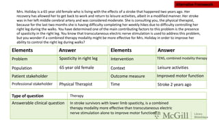 Elements Answer
Problem
Population
Patient stakeholder
Professional stakeholder
Type of question
Answerable clinical question
Elements Answer
Intervention
Context
Outcome measure
Time
Mrs. Holiday is a 65 year old female who is living with the effects of a stroke that happened two years ago. Her
recovery has allowed her to get back to work and return to leisure activities, albeit in a modified manner. Her stroke
was in her left middle cerebral artery and was considered moderate. She is consulting you, the physical therapist,
because for the last two months she is having difficulty completing her weekly hikes due to difficulty controlling her
right leg during the walks. You have determined one of the main contributing factors to this problem is the presence
of spasticity in the right leg. You know that transcutaneous electric nerve stimulation is used to address this problem,
but you wonder if a combined therapy modality might be more effective for Mrs. Holiday in order to improve her
ability to control the right leg during walks?
Spasticity in right leg TENS, combined modality therapy
Improved motor function
In stroke survivors with lower limb spasticity, is a combined
therapy modality more effective than transcutaneous electric
nerve stimulation alone to improve motor function?
Therapy
65 year old female Leisure activities
Stroke 2 years agoPhysical Therapist
 