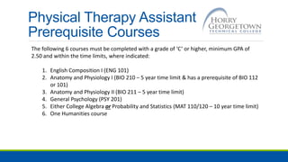 Physical Therapy Assistant
Prerequisite Courses
The following 6 courses must be completed with a grade of ‘C’ or higher, minimum GPA of
2.50 and within the time limits, where indicated:
1. English Composition I (ENG 101)
2. Anatomy and Physiology I (BIO 210 – 5 year time limit & has a prerequisite of BIO 112
or 101)
3. Anatomy and Physiology II (BIO 211 – 5 year time limit)
4. General Psychology (PSY 201)
5. Either College Algebra or Probability and Statistics (MAT 110/120 – 10 year time limit)
6. One Humanities course
 