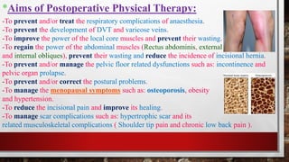 *Aims of Postoperative Physical Therapy:
-To prevent and/or treat the respiratory complications of anaesthesia.
-To prevent the development of DVT and varicose veins.
-To improve the power of the local core muscles and prevent their wasting.
-To regain the power of the abdominal muscles (Rectus abdominis, external
and internal obliques), prevent their wasting and reduce the incidence of incisional hernia.
-To prevent and/or manage the pelvic floor related dysfunctions such as: incontinence and
pelvic organ prolapse.
-To prevent and/or correct the postural problems.
-To manage the menopausal symptoms such as: osteoporosis, obesity
and hypertension.
-To reduce the incisional pain and improve its healing.
-To manage scar complications such as: hypertrophic scar and its
related musculoskeletal complications ( Shoulder tip pain and chronic low back pain ).
 
