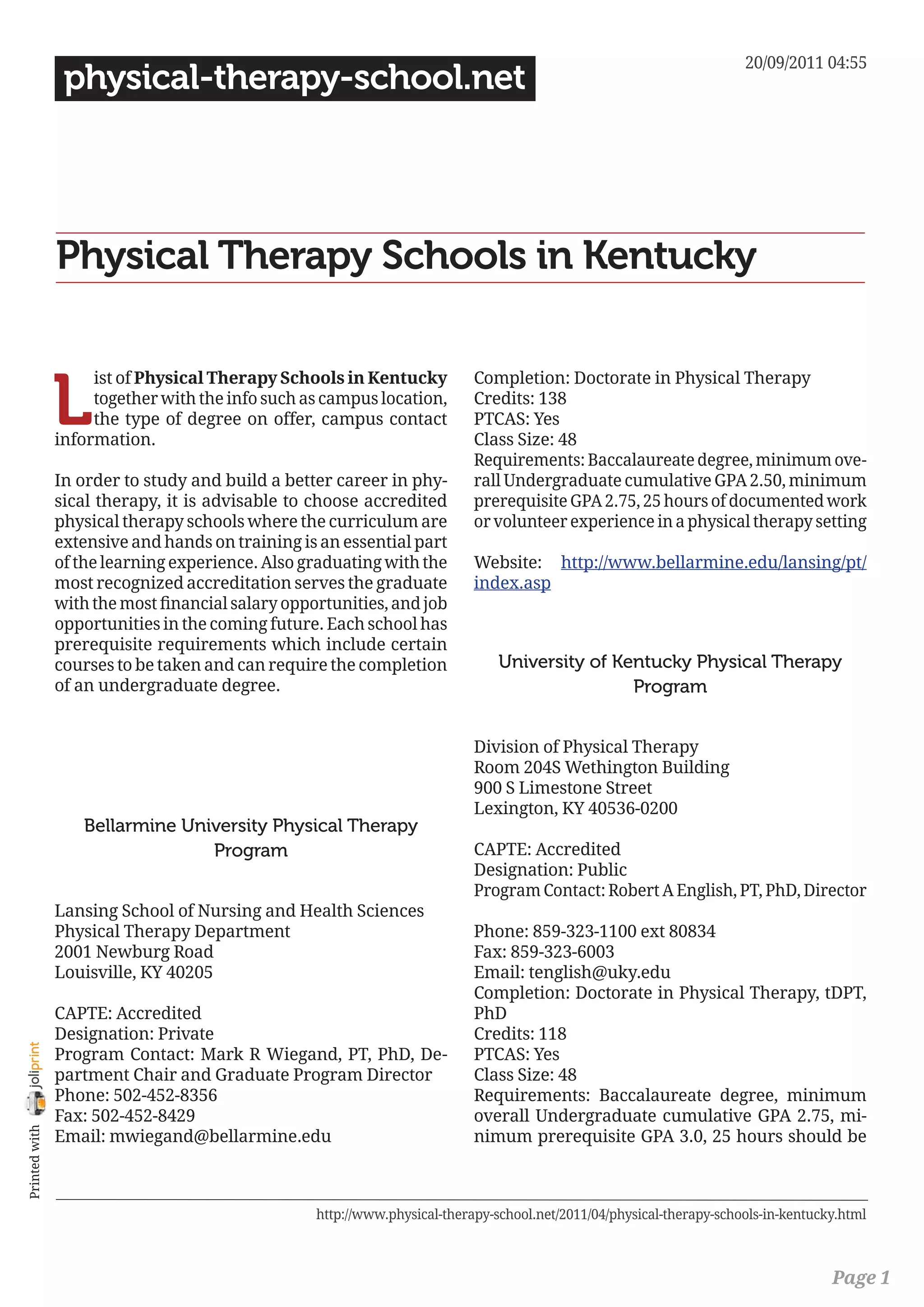 Physical therapy schools in kentucky PDF Professional School