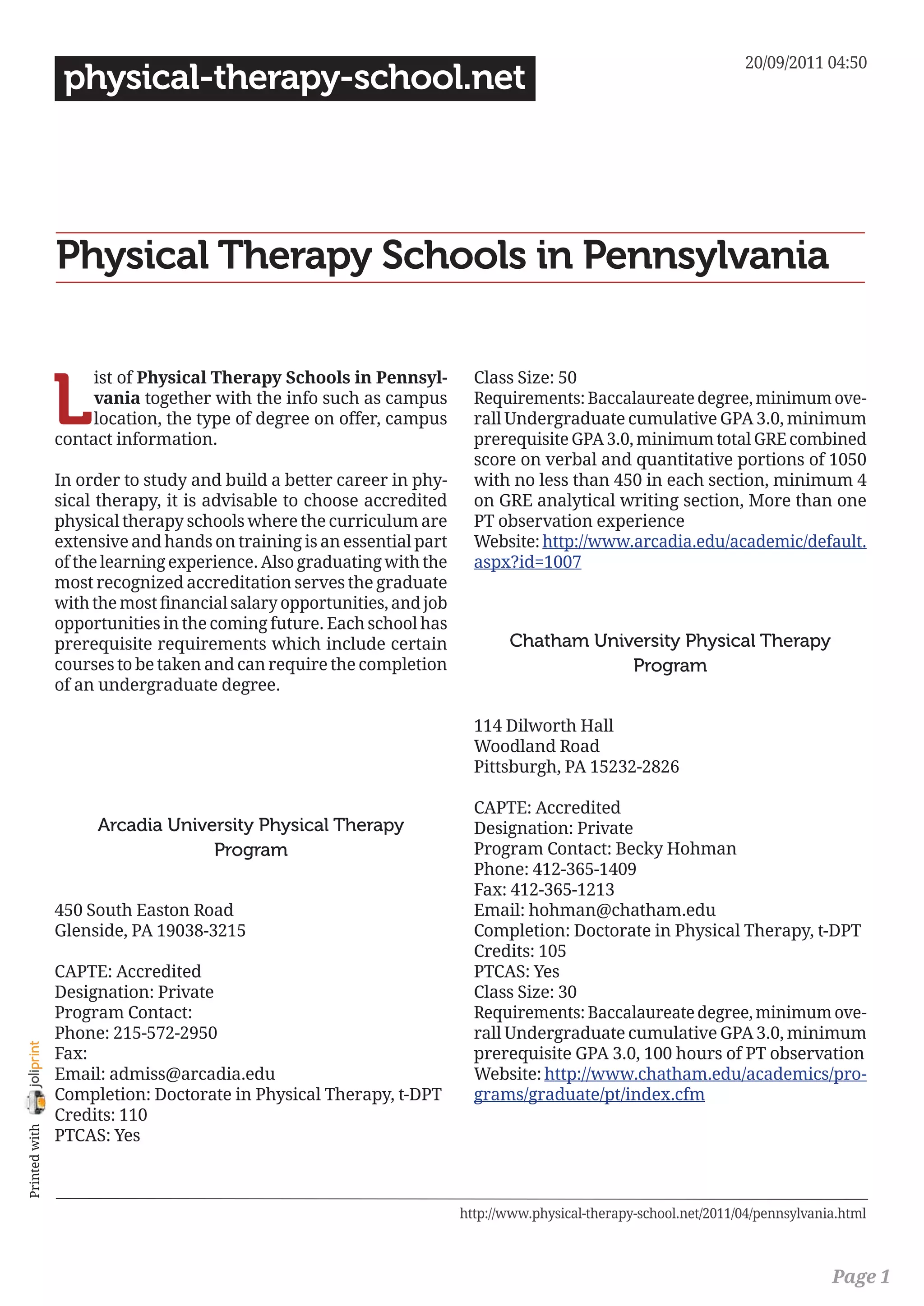 Physical therapy schools in pennsylvania PDF