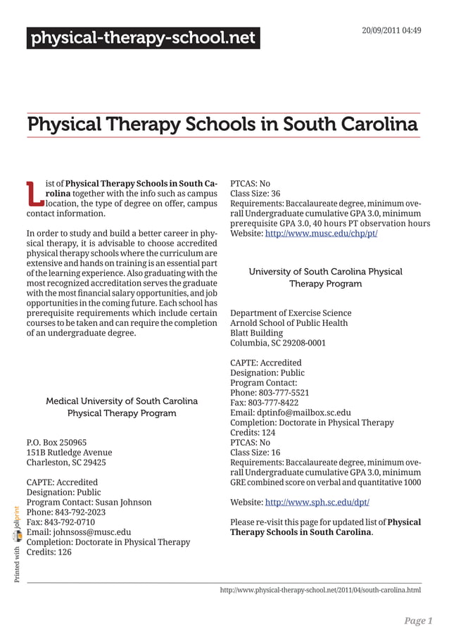 Physical therapy schools in south carolina PDF