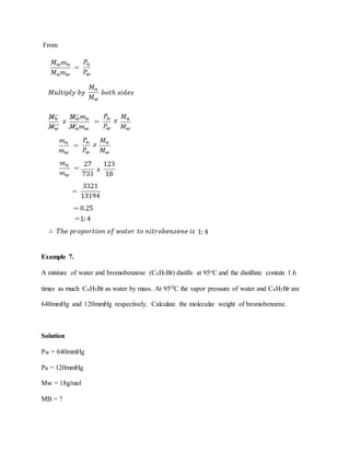 From
Example 7.
A mixture of water and bromobenzene (C6H5Br) distills at 95oC and the distillate contain 1.6
times as much C6H5Br as water by mass. At 95OC the vapor pressure of water and C6H5Br are
640mmHg and 120mmHg respectively. Calculate the molecular weight of bromobenzene.
Solution
PW = 640mmHg
PB = 120mmHg
Mw = 18g/mol
MB = ?
 