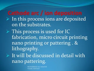  In this process ions are deposited

on the substrates.
 This process is used for IC
fabrication, micro circuit printing
nano printing or pattering . &
lithography.
 It will be discussed in detail with
nano pattering.
MUHAMMAD ALI ASGHAR
VC&ML NINVAST

 