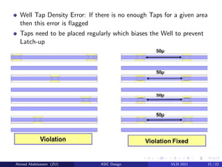 Well Tap Density Error: If there is no enough Taps for a given area
then this error is flagged
Taps need to be placed regularly which biases the Well to prevent
Latch-up
Ahmed Abdelazeem (ZU) ASIC Design VLSI 2021 21 / 22
 