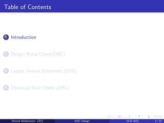 Table of Contents
1 Introduction
2 Design Rules Check(DRC)
3 Layout Versus Schematic (LVS)
4 Electrical Rule Check (ERC)
Ahmed Abdelazeem (ZU) ASIC Design VLSI 2021 3 / 22
 