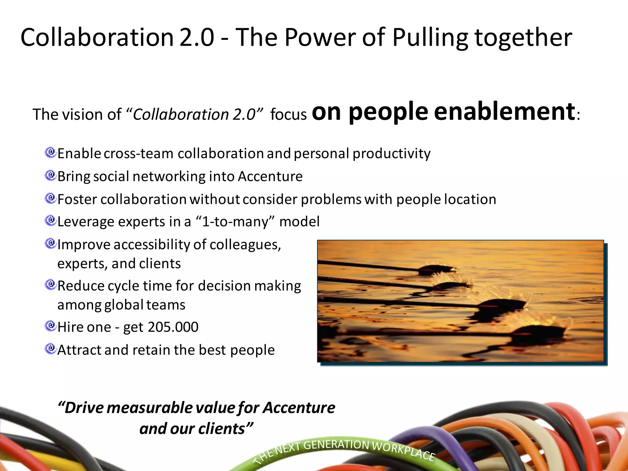 Collaboration2.0 - The Power of Pulling together
Enablecross-team collaboration andpersonal productivity
Bring social networking into Accenture
Foster collaborationwithoutconsider problemswith people location
Leverage experts in a “1-to-many” model
Improve accessibility of colleagues,
experts, and clients
Reduce cycle time for decision making
among globalteams
Hire one - get 205.000
Attract and retain the best people
The vision of “Collaboration 2.0” focus on people enablement:
“Drivemeasurablevaluefor Accenture
and our clients”
 