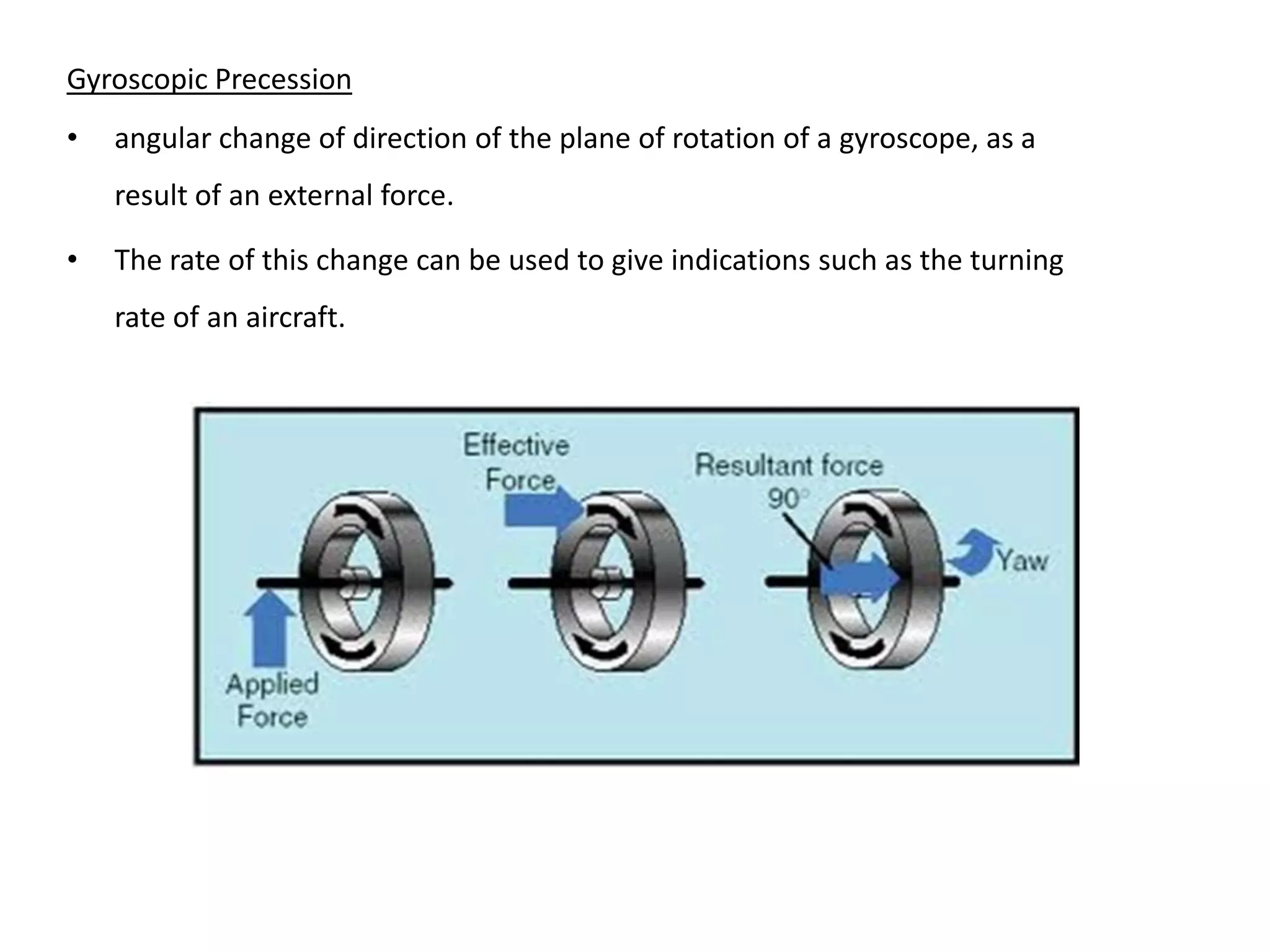 Gyroscopic Precession
•   angular change of direction of the plane of rotation of a gyroscope, as a
    result of an external force.

•   The rate of this change can be used to give indications such as the turning
    rate of an aircraft.
 