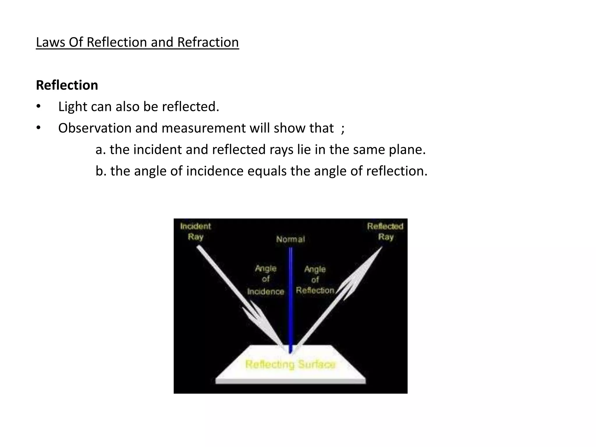 Laws Of Reflection and Refraction

Reflection
• Light can also be reflected.
• Observation and measurement will show that ;
          a. the incident and reflected rays lie in the same plane.
          b. the angle of incidence equals the angle of reflection.
 