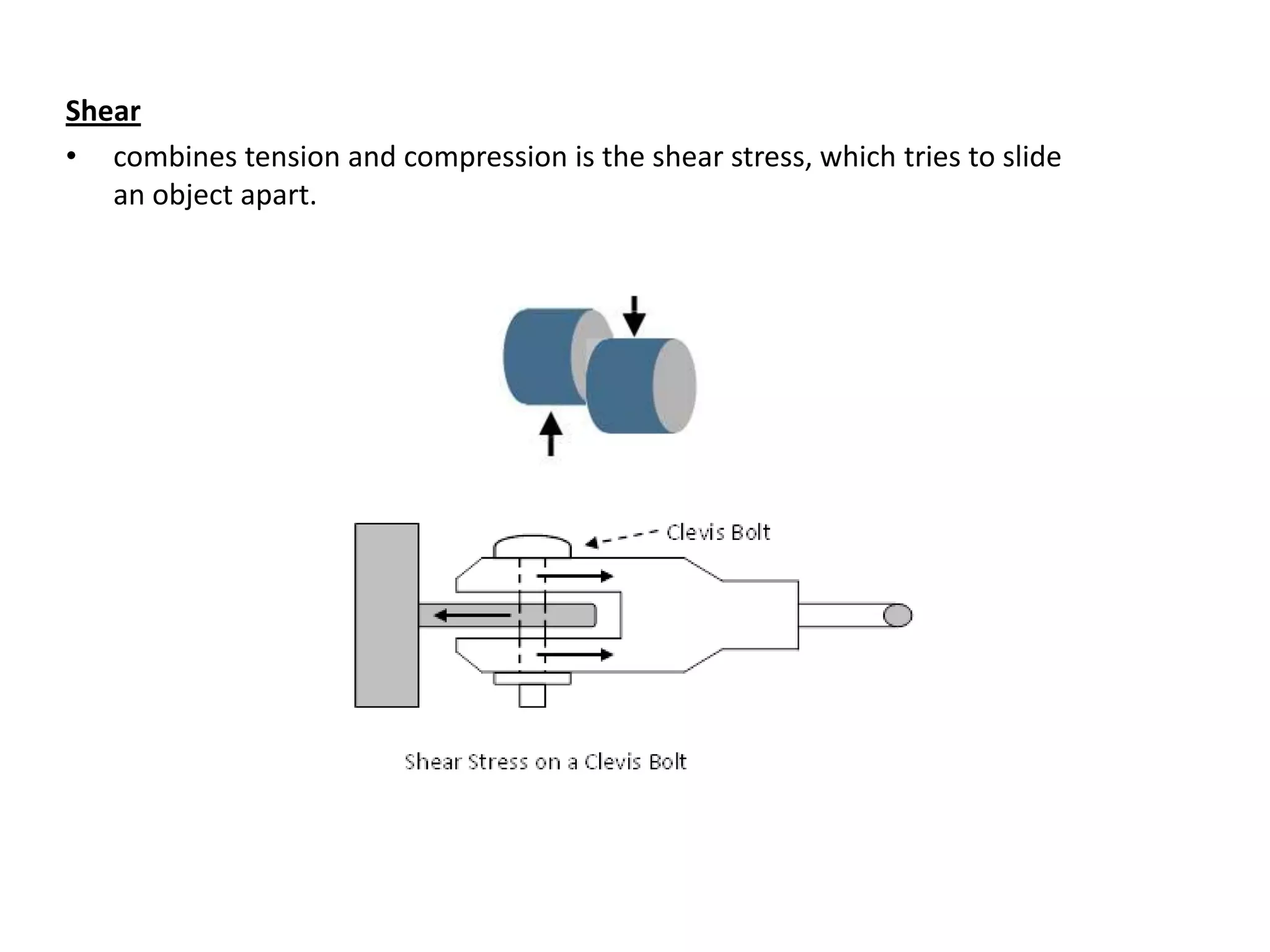 Shear
• combines tension and compression is the shear stress, which tries to slide
   an object apart.
 