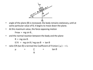 •   angle of the plane (θ) is increased, the body remains stationary, until at
    some particular value of θ, it begins to move down the plane.
•   At this maximum value, the force opposing motion
           Fmax = mg sin θ ,
•   and the normal reaction between the body and the plane
           R = mg cos θ.
           F/ R = mg sin θ / mg cos θ = tan θ
•   ratio F/R (tan θ) is termed the Coefficient of Friction ( μ ) - < 1.
           μ         =          F         =         tan θ
                                R
 