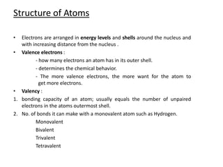 Structure of Atoms

•  Electrons are arranged in energy levels and shells around the nucleus and
   with increasing distance from the nucleus .
• Valence electrons :
         - how many electrons an atom has in its outer shell.
         - determines the chemical behavior.
         - The more valence electrons, the more want for the atom to
           get more electrons.
• Valency :
1. bonding capacity of an atom; usually equals the number of unpaired
   electrons in the atoms outermost shell.
2. No. of bonds it can make with a monovalent atom such as Hydrogen.
         Monovalent
         Bivalent
         Trivalent
         Tetravalent
 
