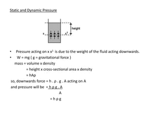Static and Dynamic Pressure




•   Pressure acting on x x1 is due to the weight of the fluid acting downwards.
•   W = mg ( g = gravitational force )
  mass = volume x density
          = height x cross-sectional area x density
          = hAρ
so, downwards force = h . ρ . g . A acting on A
and pressure will be = h ρ g . A
                               A
                         =hρg
 