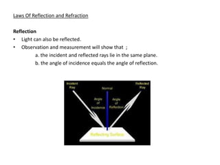 Laws Of Reflection and Refraction

Reflection
• Light can also be reflected.
• Observation and measurement will show that ;
          a. the incident and reflected rays lie in the same plane.
          b. the angle of incidence equals the angle of reflection.
 