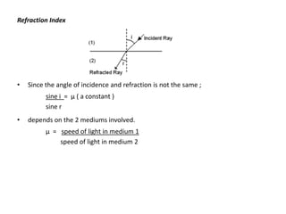 Refraction Index




•   Since the angle of incidence and refraction is not the same ;
          sine i = μ ( a constant )
          sine r
•   depends on the 2 mediums involved.
          μ = speed of light in medium 1
              speed of light in medium 2
 