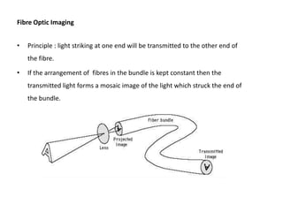 Fibre Optic Imaging


•   Principle : light striking at one end will be transmitted to the other end of
    the fibre.

•   If the arrangement of fibres in the bundle is kept constant then the
    transmitted light forms a mosaic image of the light which struck the end of
    the bundle.
 
