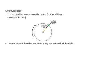 Centrifugal Force
• Is the equal but opposite reaction to the Centripetal Force.
  ( Newton’s 3rd Law )




•   Tensile Force at the other end of the string acts outwards of the circle.
 
