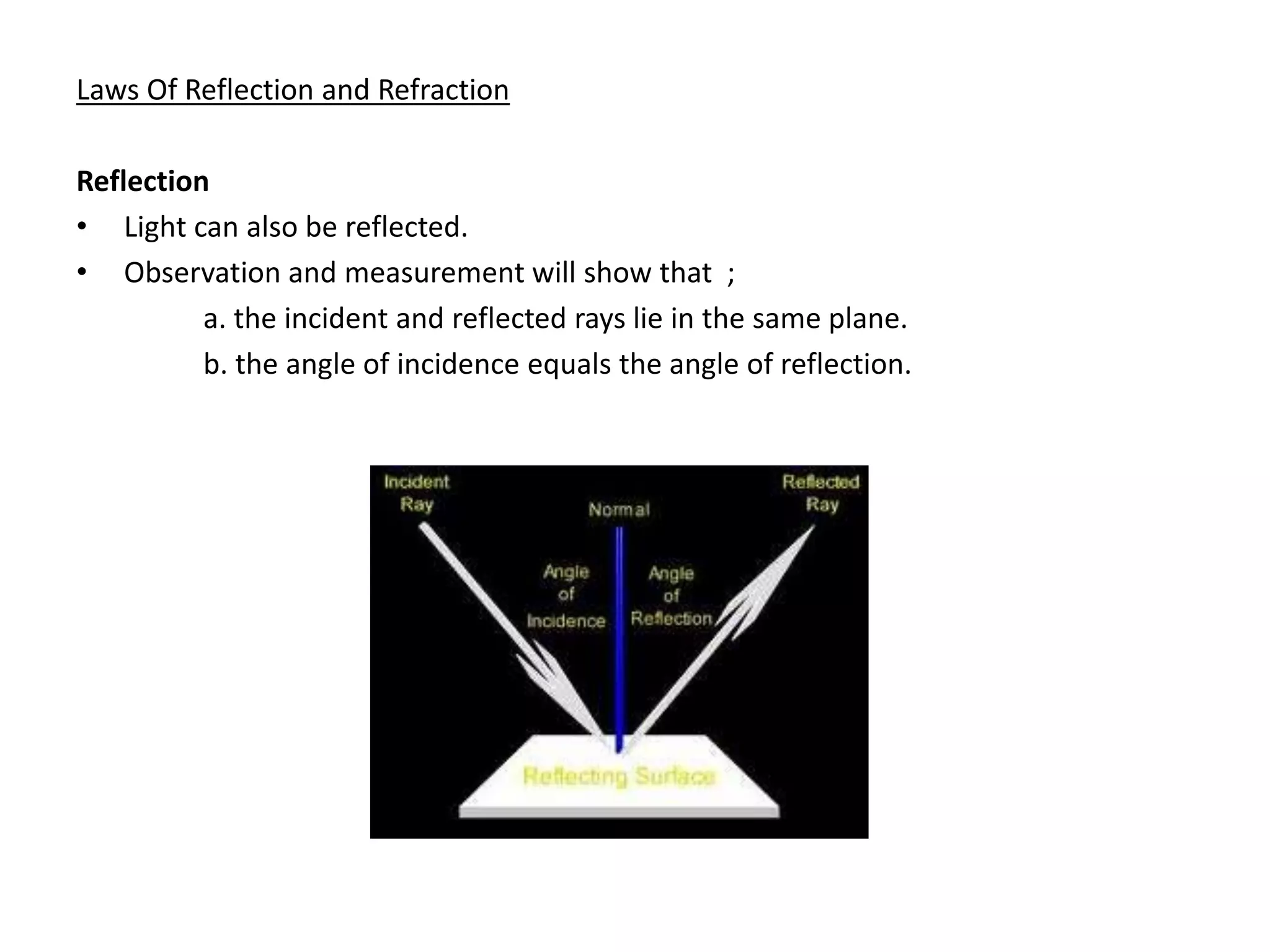 Laws Of Reflection and Refraction
Reflection
• Light can also be reflected.
• Observation and measurement will show that ;
a. the incident and reflected rays lie in the same plane.
b. the angle of incidence equals the angle of reflection.
 