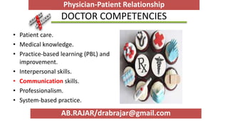 DOCTOR COMPETENCIES
• Patient care.
• Medical knowledge.
• Practice-based learning (PBL) and
improvement.
• Interpersonal skills.
• Communication skills.
• Professionalism.
• System-based practice.
Physician-Patient Relationship
AB.RAJAR/drabrajar@gmail.com
 