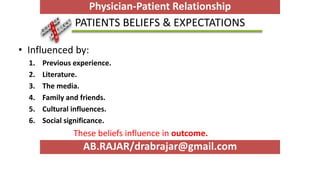 PATIENTS BELIEFS & EXPECTATIONS
• Influenced by:
1. Previous experience.
2. Literature.
3. The media.
4. Family and friends.
5. Cultural influences.
6. Social significance.
These beliefs influence in outcome.
AB.RAJAR/drabrajar@gmail.com
Physician-Patient Relationship
 