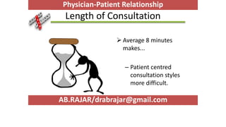 Length of Consultation
 Average 8 minutes
makes...
– Patient centred
consultation styles
more difficult.
AB.RAJAR/drabrajar@gmail.com
Physician-Patient Relationship
 