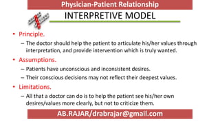 INTERPRETIVE MODEL
• Principle.
– The doctor should help the patient to articulate his/her values through
interpretation, and provide intervention which is truly wanted.
• Assumptions.
– Patients have unconscious and inconsistent desires.
– Their conscious decisions may not reflect their deepest values.
• Limitations.
– All that a doctor can do is to help the patient see his/her own
desires/values more clearly, but not to criticize them.
AB.RAJAR/drabrajar@gmail.com
Physician-Patient Relationship
 