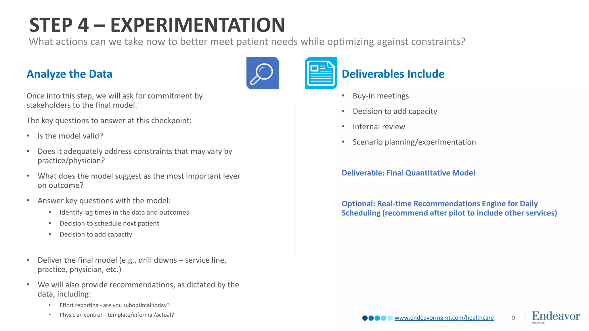 www.endeavormgmt.com/healthcare 9
Once into this step, we will ask for commitment by
stakeholders to the final model.
The key questions to answer at this checkpoint:
• Is the model valid?
• Does it adequately address constraints that may vary by
practice/physician?
• What does the model suggest as the most important lever
on outcome?
• Answer key questions with the model:
• Identify lag times in the data and outcomes
• Decision to schedule next patient
• Decision to add capacity
• Deliver the final model (e.g., drill downs – service line,
practice, physician, etc.)
• We will also provide recommendations, as dictated by the
data, including:
• Effort reporting - are you suboptimal today?
• Physician control – template/informal/actual?
• Buy-in meetings
• Decision to add capacity
• Internal review
• Scenario planning/experimentation
Deliverable: Final Quantitative Model
Optional: Real-time Recommendations Engine for Daily
Scheduling (recommend after pilot to include other services)
Analyze the Data Deliverables Include
STEP 4 – EXPERIMENTATION
What actions can we take now to better meet patient needs while optimizing against constraints?
 
