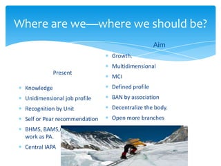 Where are we—where we should be?
Present
Knowledge
Unidimensional job profile
Recognition by Unit
Self or Pear recommendation
BHMS, BAMS,unqualified also
work as PA.
Central IAPA
Aim
Growth.
Multidimensional
MCI
Defined profile
BAN by association
Decentralize the body.
Open more branches
 