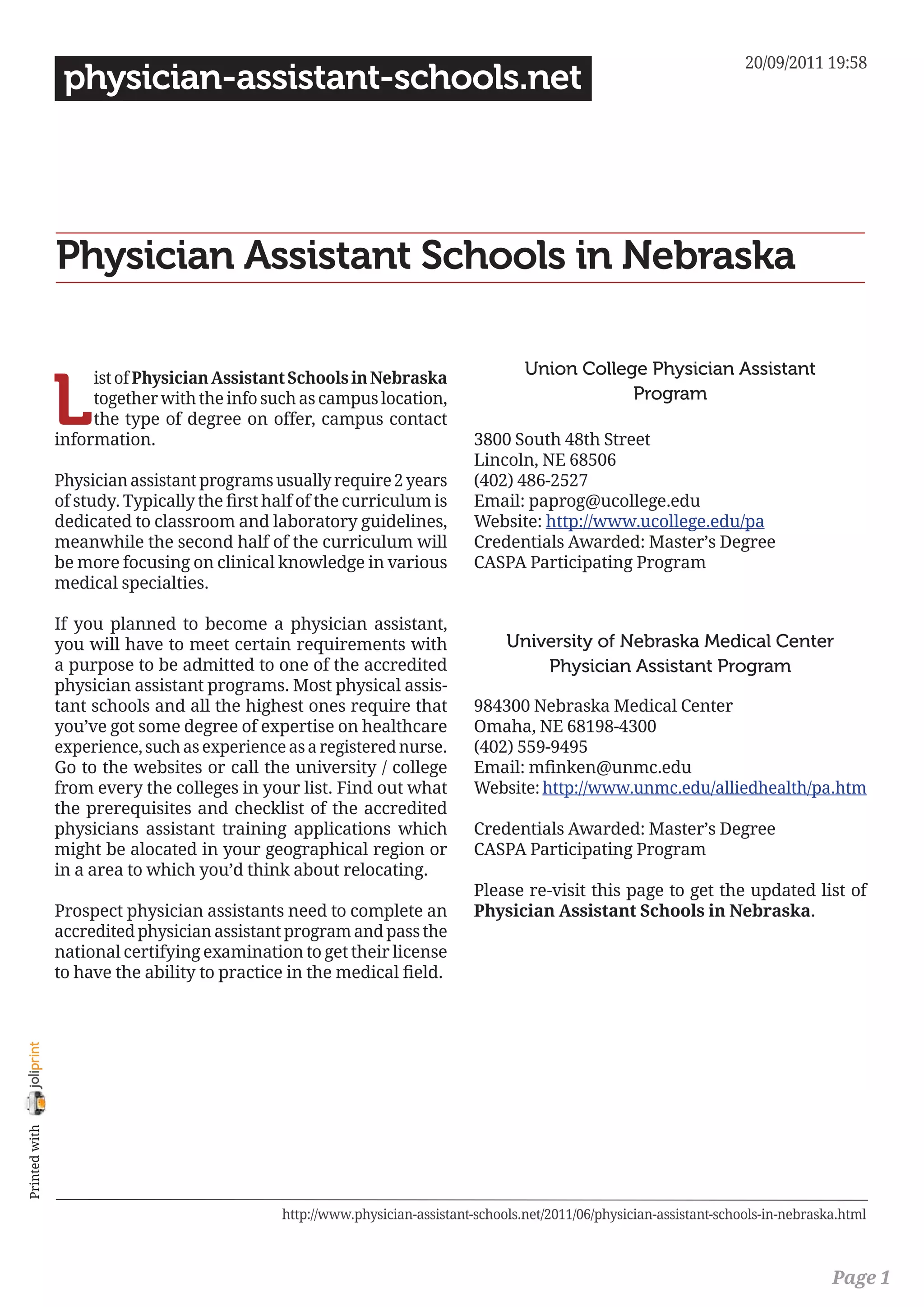 Physician assistant schools in nebraska PDF