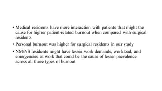 • Medical residents have more interaction with patients that might the
cause for higher patient-related burnout when compared with surgical
residents
• Personal burnout was higher for surgical residents in our study
• NM/NS residents might have lesser work demands, workload, and
emergencies at work that could be the cause of lesser prevalence
across all three types of burnout
 