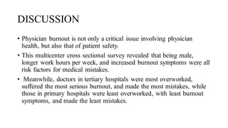 DISCUSSION
• Physician burnout is not only a critical issue involving physician
health, but also that of patient safety.
• This multicenter cross sectional survey revealed that being male,
longer work hours per week, and increased burnout symptoms were all
risk factors for medical mistakes.
• Meanwhile, doctors in tertiary hospitals were most overworked,
suffered the most serious burnout, and made the most mistakes, while
those in primary hospitals were least overworked, with least burnout
symptoms, and made the least mistakes.
 