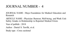JOURNAL NUMBER - 4
JOURNAL NAME : Mayo Foundation for Medical Education and
Research
ARTICLE NAME : Physician Burnout, Well-being, and Work Unit
Safety Grades in Relationship to Reported Medical Errors
Year of publish : 2018
Author : Daniel S. Tawfik, et al.
Study type : Cross sectional
 