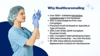 Over 985K+ Validated physicians
marketing lists in the Database
100% Customizable to Fit for Your
Campaigns
Physician Email List Based on Specialty &
Type of Practice
100% CAN-SPAM, GDPR Compliant
Physician Emails
DNC-Compliant Telemarketing Numbers
100% Data Ownership - You Own the Data
85-90% Inbox Delivery Guarantee –
Replacement Contacts for Hard Bounces
Why Healthcaremailing
 