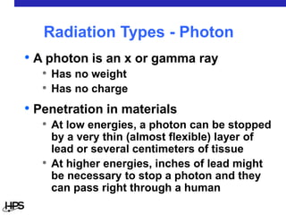• A photon is an x or gamma ray
• Has no weight
• Has no charge
• Penetration in materials
• At low energies, a photon can be stopped
by a very thin (almost flexible) layer of
lead or several centimeters of tissue
• At higher energies, inches of lead might
be necessary to stop a photon and they
can pass right through a human
Radiation Types - Photon
 