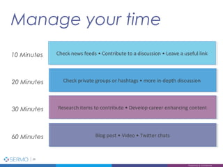 Manage your time
29
Proprietary & Confidential
Check news feeds • Contribute to a discussion • Leave a useful linkCheck news feeds • Contribute to a discussion • Leave a useful link10 Minutes
Check private groups or hashtags • more in-depth discussionCheck private groups or hashtags • more in-depth discussion20 Minutes
Research items to contribute • Develop career enhancing contentResearch items to contribute • Develop career enhancing content30 Minutes
Blog post • Video • Twitter chatsBlog post • Video • Twitter chats60 Minutes
 