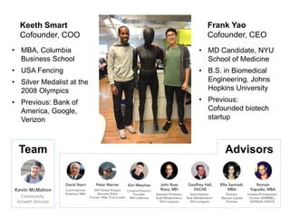 Frank Yao
Cofounder, CEO
• MD Candidate, NYU
School of Medicine
• B.S. in Biomedical
Engineering, Johns
Hopkins University
• Previous:
Cofounded biotech
startup
Keeth Smart
Cofounder, COO
• MBA, Columbia
Business School
• USA Fencing
• Silver Medalist at the
2008 Olympics
• Previous: Bank of
America, Google,
Verizon
AdvisorsTeam
Community
Growth Director
Kevin McMahon
 